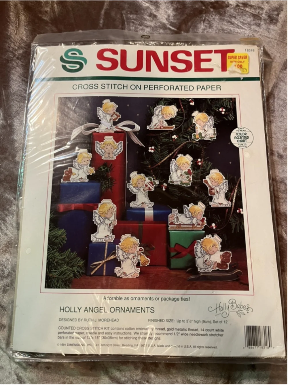 Sunset HOLLY ANGEL ORNAMENTS 1991 Perforated Paper Cross Stitch Kit Morehead